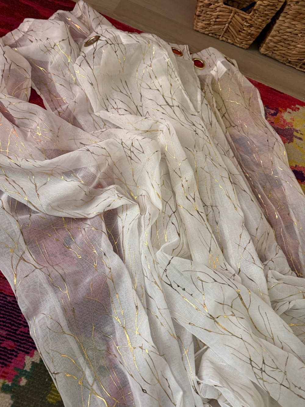 Sheer White Curtain Panels (4) with Gold Branch Pattern